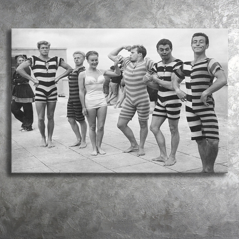 Funny Boys Flexing Muscles On The Beach Swimsuit Black And White Print, 1950'S Canvas Prints Wall Art Home Decor