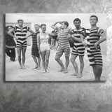 Funny Boys Flexing Muscles On The Beach Swimsuit Black And White Print, 1950'S Canvas Prints Wall Art Home Decor