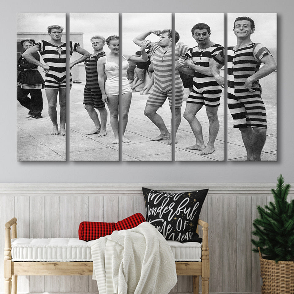 Funny Boys Flexing Muscles On The Beach Swimsuit Black And White Print, 1950'S Larger Canvas Art, 5 Piece Canvas Prints Wall Art