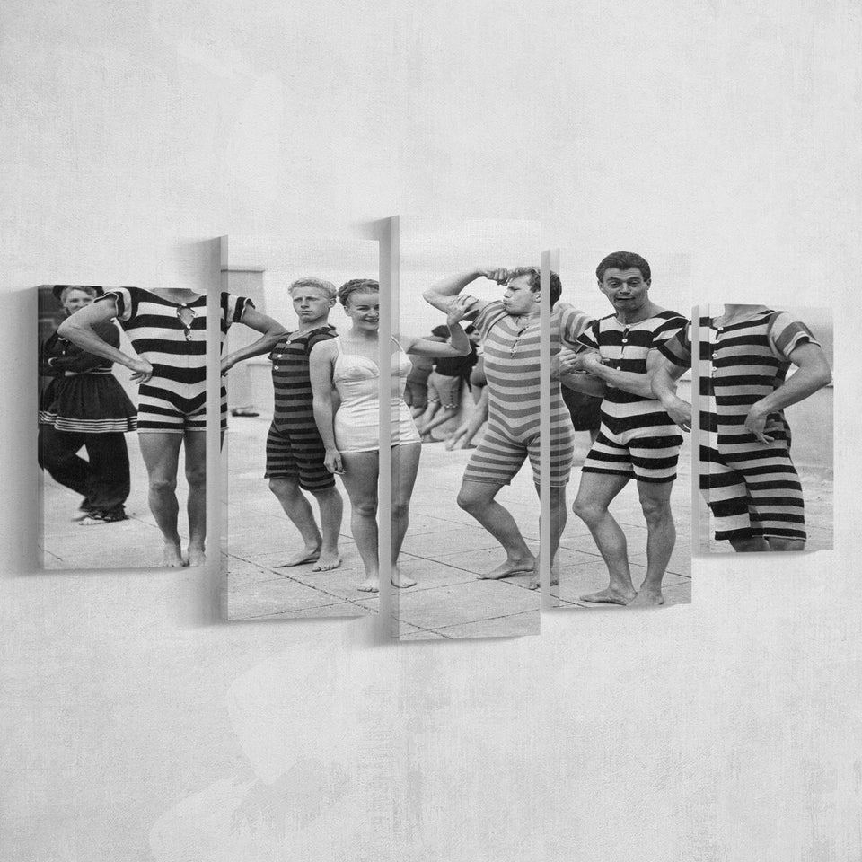 Funny Boys Flexing Muscles On The Beach Swimsuit Black And White Print, 1950'S 5 Panels, Canvas Prints Wall Art Decor