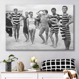 Funny Boys Flexing Muscles On The Beach Swimsuit Black And White Print, 1950'S Canvas Prints Wall Art Home Decor
