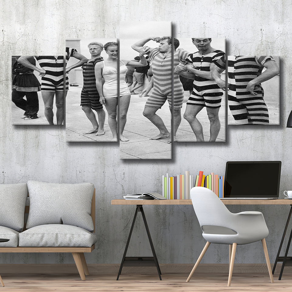 Funny Boys Flexing Muscles On The Beach Swimsuit Black And White Print, 1950'S 5 Panels, Canvas Prints Wall Art Decor
