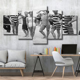 Funny Boys Flexing Muscles On The Beach Swimsuit Black And White Print, 1950'S 5 Panels, Canvas Prints Wall Art Decor