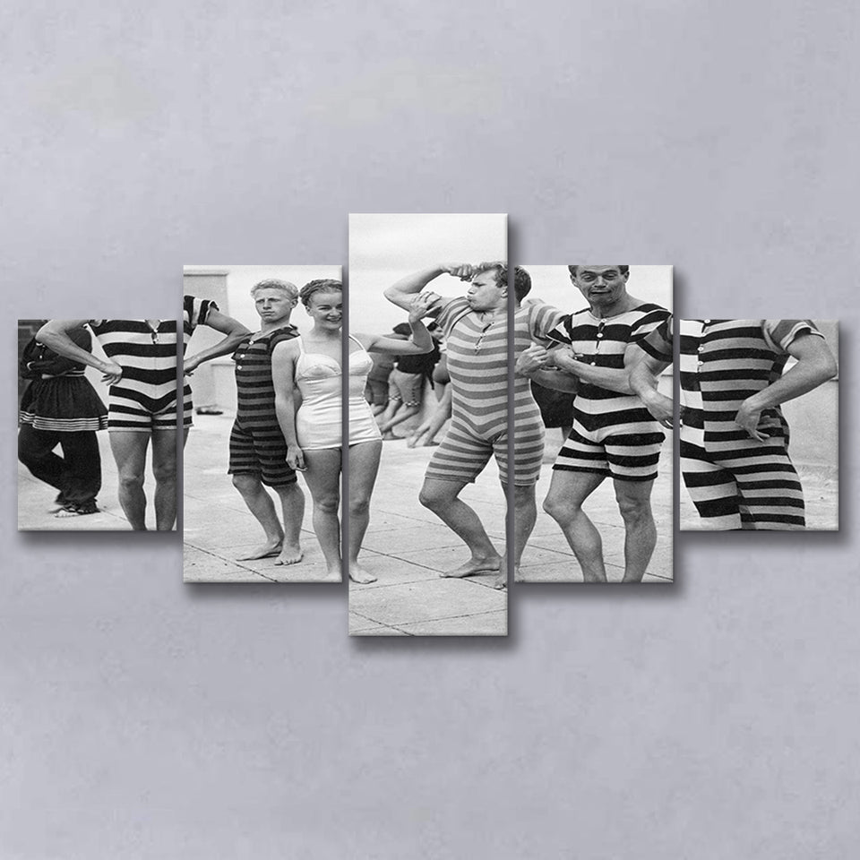 Funny Boys Flexing Muscles On The Beach Swimsuit Black And White Print, 1950'S 5 Panels, Canvas Prints Wall Art Decor