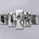 Funny Boys Flexing Muscles On The Beach Swimsuit Black And White Print, 1950'S 5 Panels, Canvas Prints Wall Art Decor