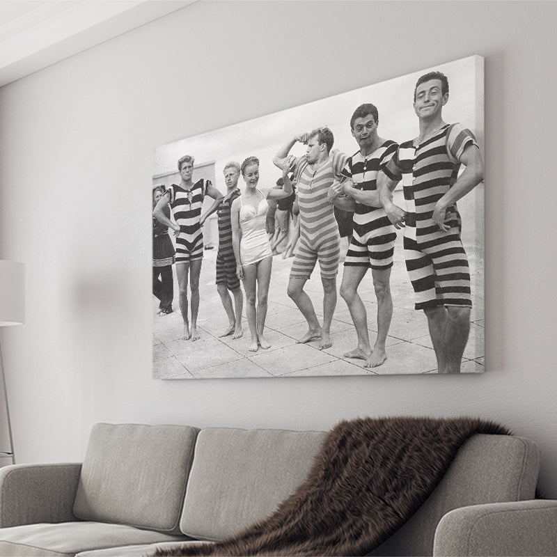 Funny Boys Flexing Muscles On The Beach Swimsuit Black And White Print, 1950'S Canvas Prints Wall Art Home Decor