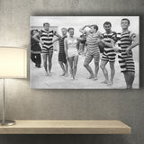 Funny Boys Flexing Muscles On The Beach Swimsuit Black And White Print, 1950'S Canvas Prints Wall Art Home Decor