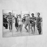 Funny Boys Flexing Muscles On The Beach Swimsuit Black And White Print, 1950'S Larger Canvas Art, 5 Piece Canvas Prints Wall Art