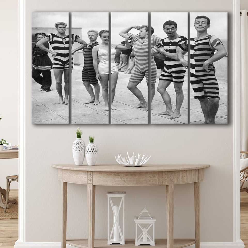 Funny Boys Flexing Muscles On The Beach Swimsuit Black And White Print, 1950'S Larger Canvas Art, 5 Piece Canvas Prints Wall Art