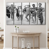 Funny Boys Flexing Muscles On The Beach Swimsuit Black And White Print, 1950'S Larger Canvas Art, 5 Piece Canvas Prints Wall Art