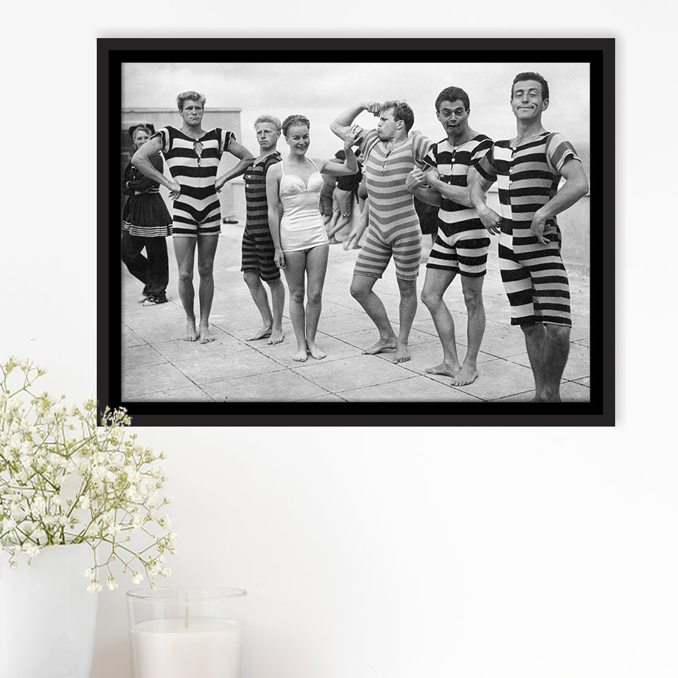 Funny Boys Flexing Muscles On The Beach Swimsuit Black And White Print, 1950'S Framed Canvas Prints Wall Art Home Decor,Floating Frame