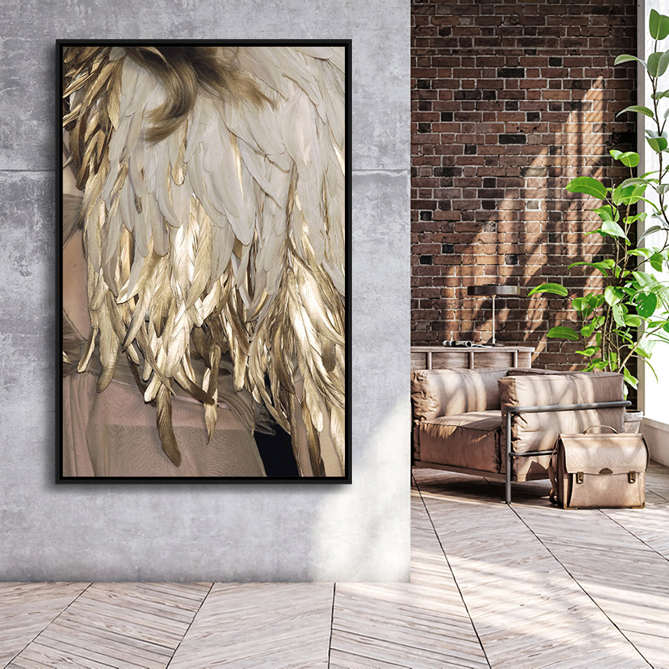 Golden Feathers Framed Canvas Prints Wall Art Home Decor - Painting Canvas,Black Frame, Ready to hang