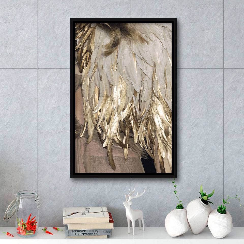 Golden Feathers Framed Canvas Prints Wall Art Home Decor - Painting Canvas,Black Frame, Ready to hang