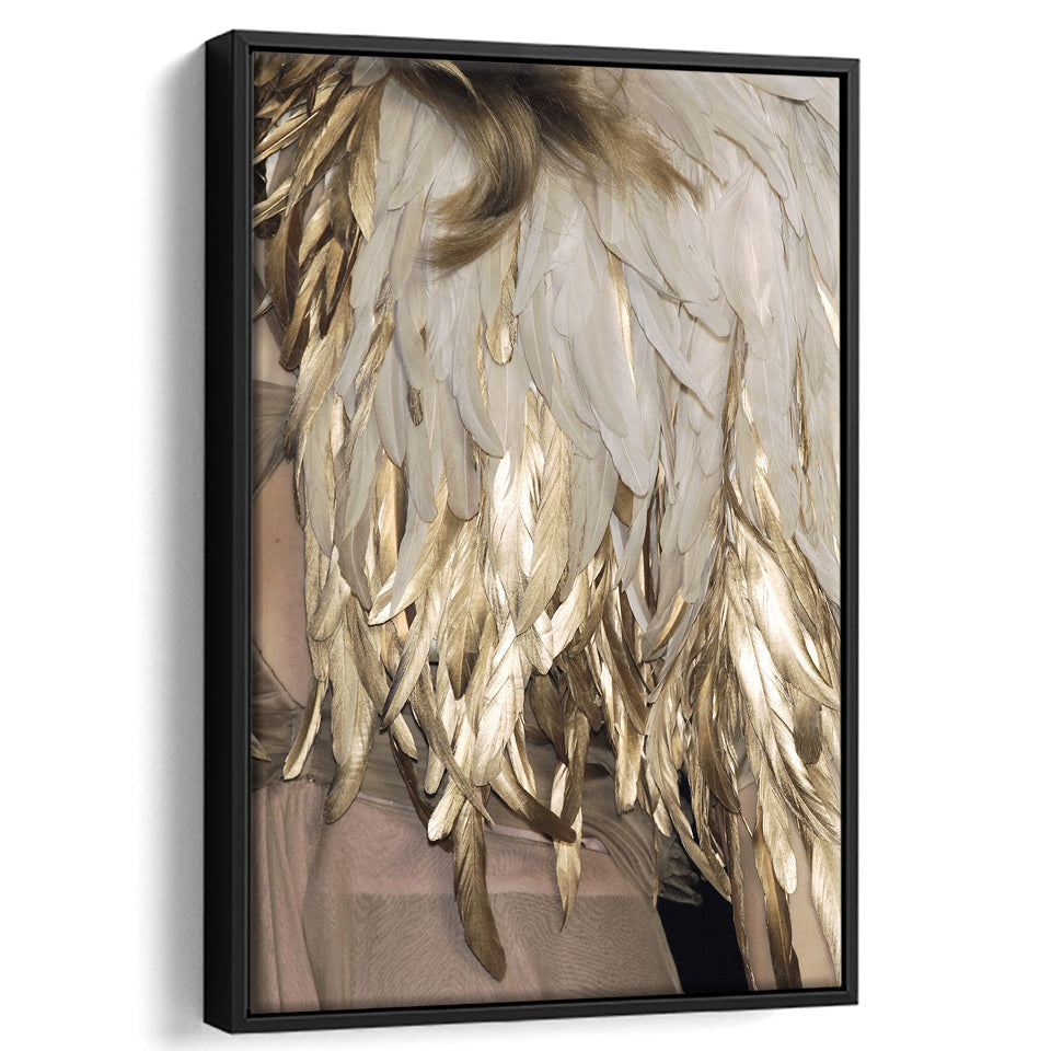 Golden Feathers Framed Canvas Prints Wall Art Home Decor - Painting Canvas,Black Frame, Ready to hang