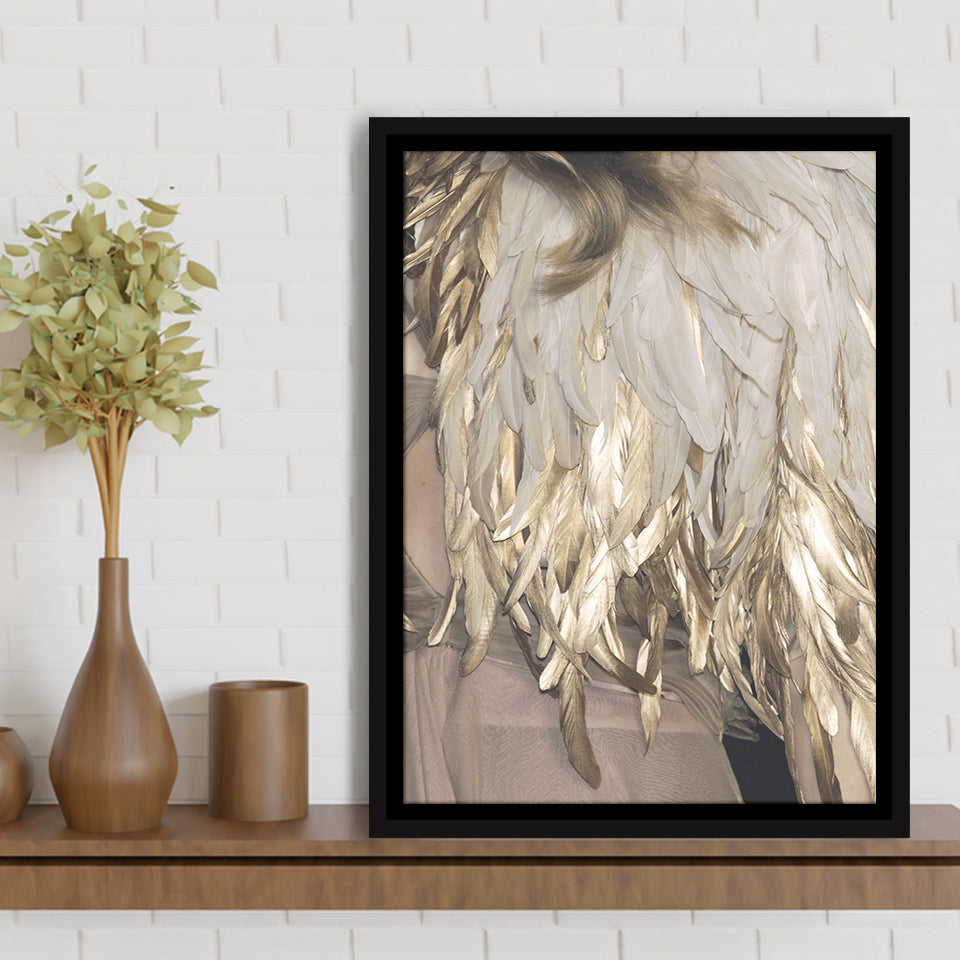 Golden Feathers Framed Canvas Prints Wall Art Home Decor - Painting Canvas,Black Frame, Ready to hang