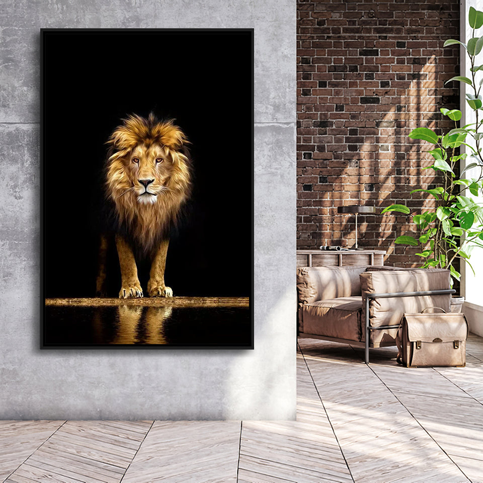 Golden Lion Framed Canvas Prints Wall Art Home Decor - Painting Canvas,Black Frame, Ready to hang