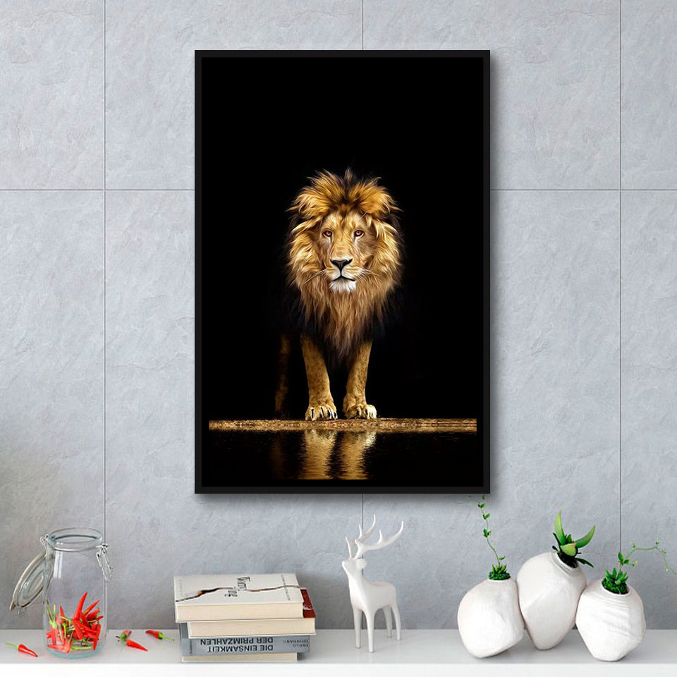 Golden Lion Framed Canvas Prints Wall Art Home Decor - Painting Canvas,Black Frame, Ready to hang