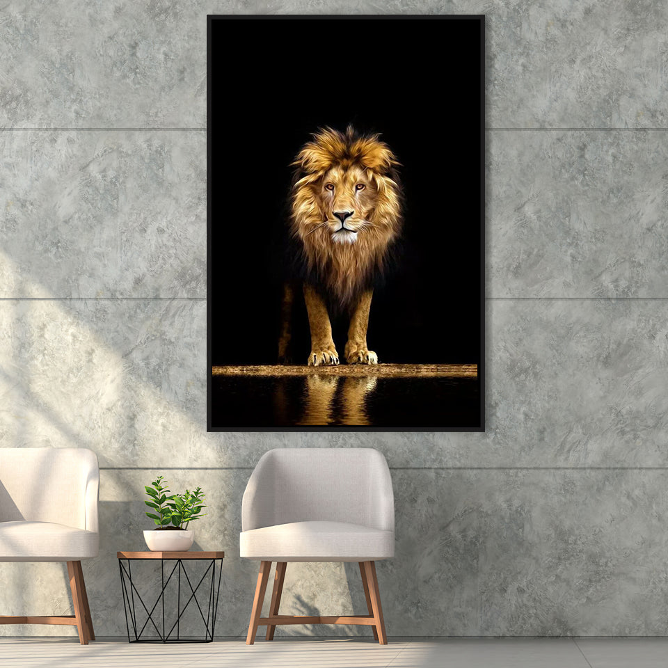 Golden Lion Framed Canvas Prints Wall Art Home Decor - Painting Canvas,Black Frame, Ready to hang