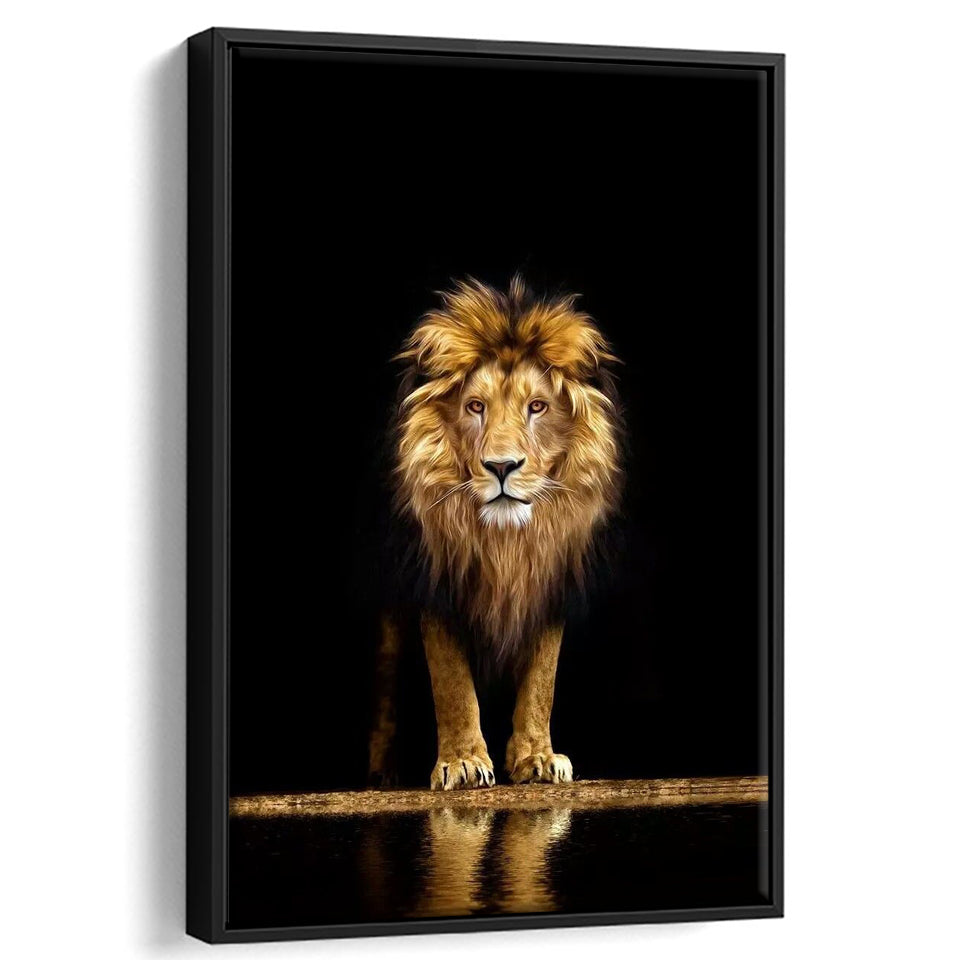 Golden Lion Framed Canvas Prints Wall Art Home Decor - Painting Canvas,Black Frame, Ready to hang