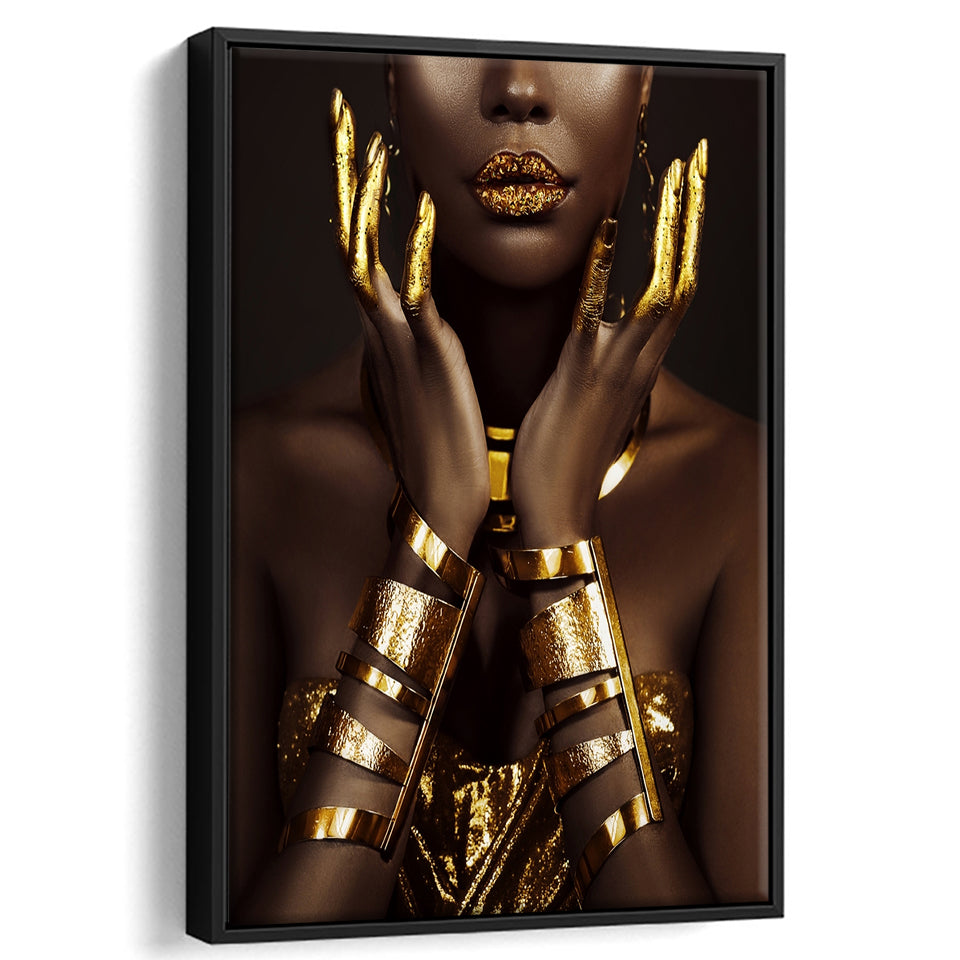Gold African Woman Framed Canvas Prints Wall Art Home Decor - Painting Canvas,Black Frame, Ready to hang