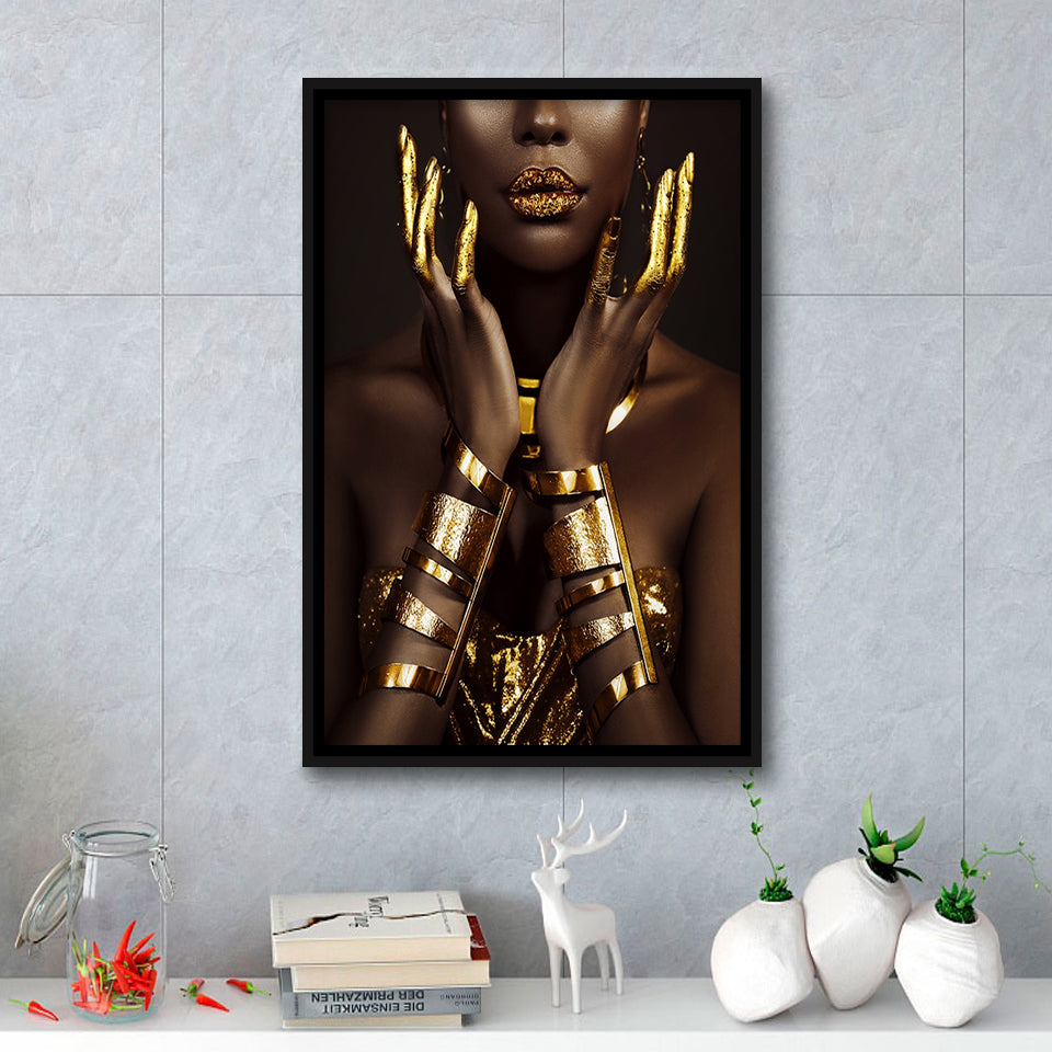 Gold African Woman Framed Canvas Prints Wall Art Home Decor - Painting Canvas,Black Frame, Ready to hang