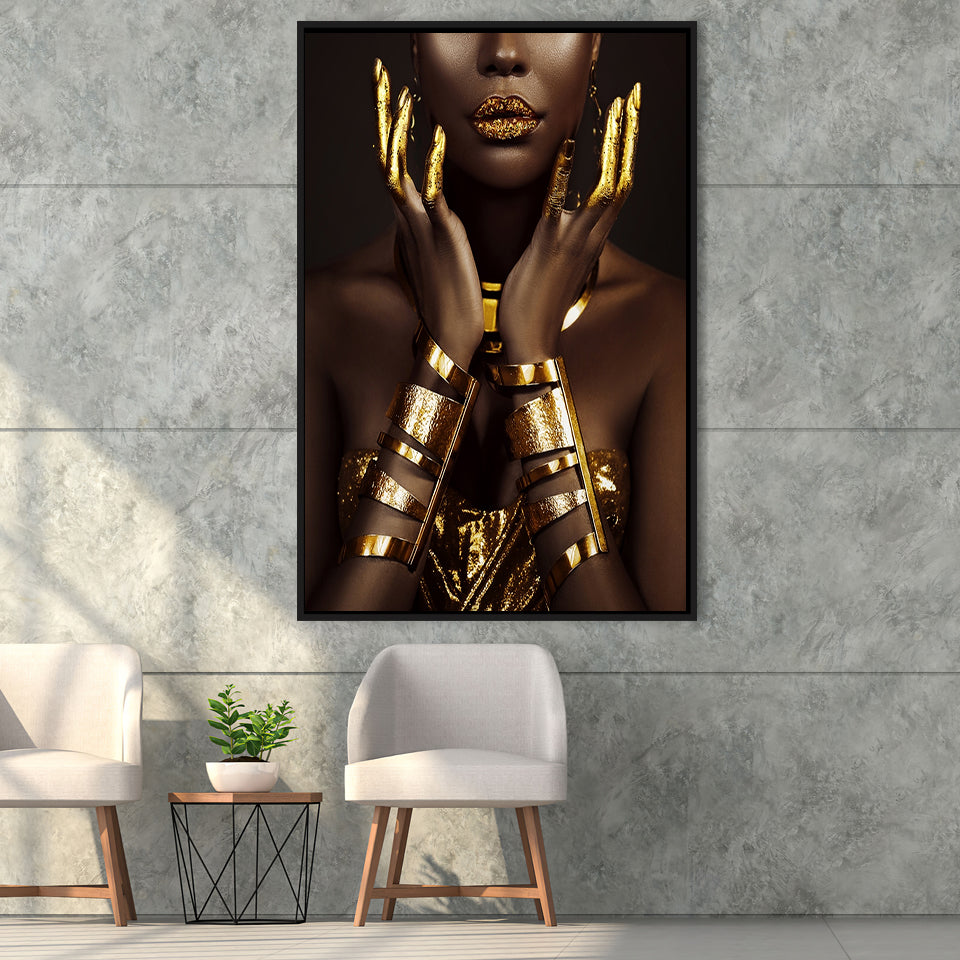 Gold African Woman Framed Canvas Prints Wall Art Home Decor - Painting Canvas,Black Frame, Ready to hang