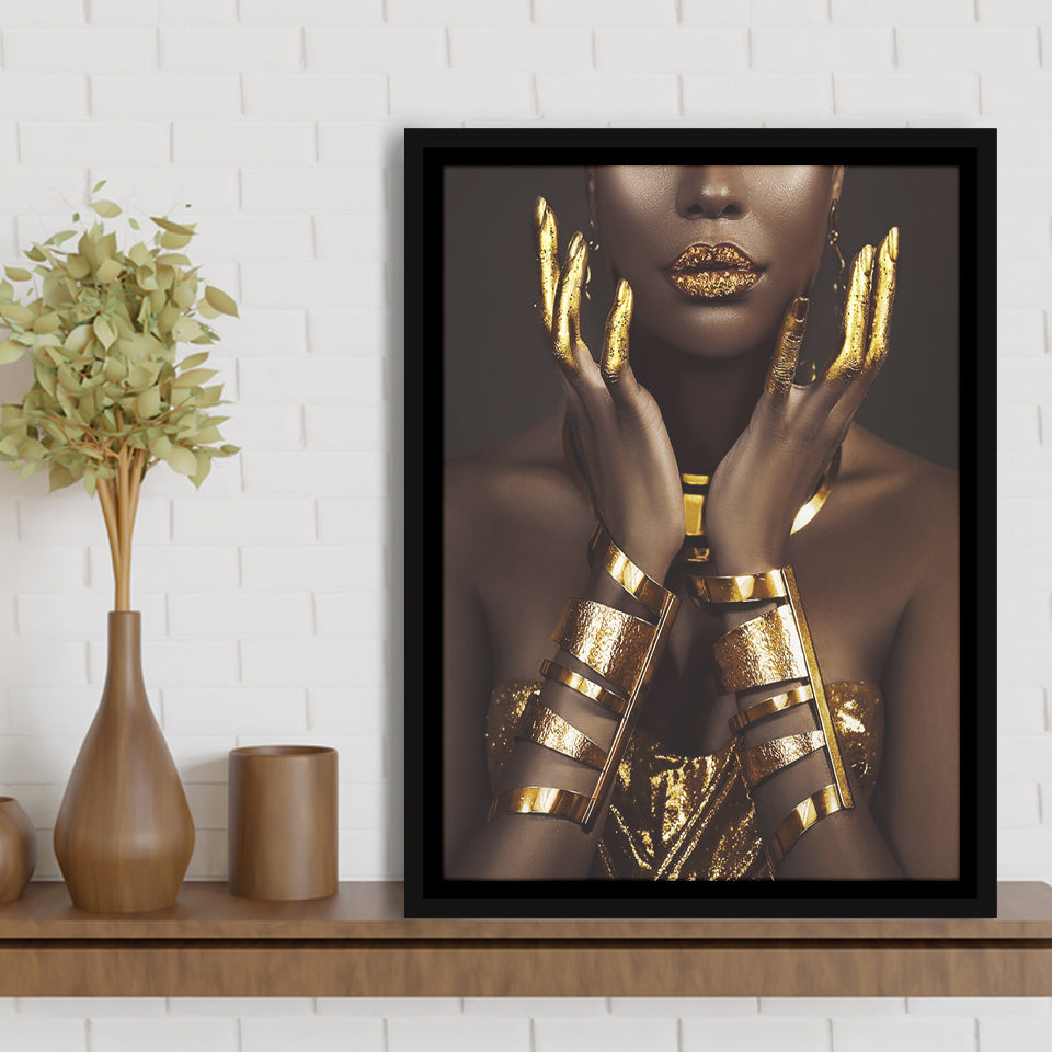 Gold African Woman Framed Canvas Prints Wall Art Home Decor - Painting Canvas,Black Frame, Ready to hang