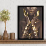 Gold African Woman Framed Canvas Prints Wall Art Home Decor - Painting Canvas,Black Frame, Ready to hang
