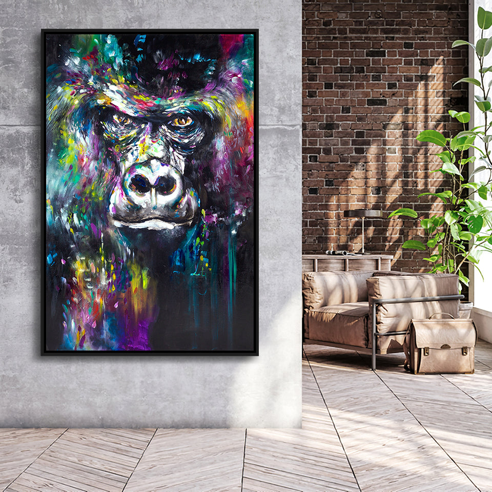 Gorilla V1 oil painting Framed Canvas Prints Wall Art Home Decor - Painting Canvas,Black Frame, Ready to hang
