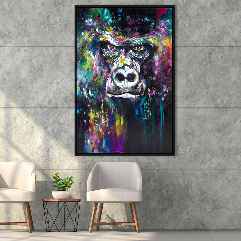 Gorilla V1 oil painting Framed Canvas Prints Wall Art Home Decor - Painting Canvas,Black Frame, Ready to hang