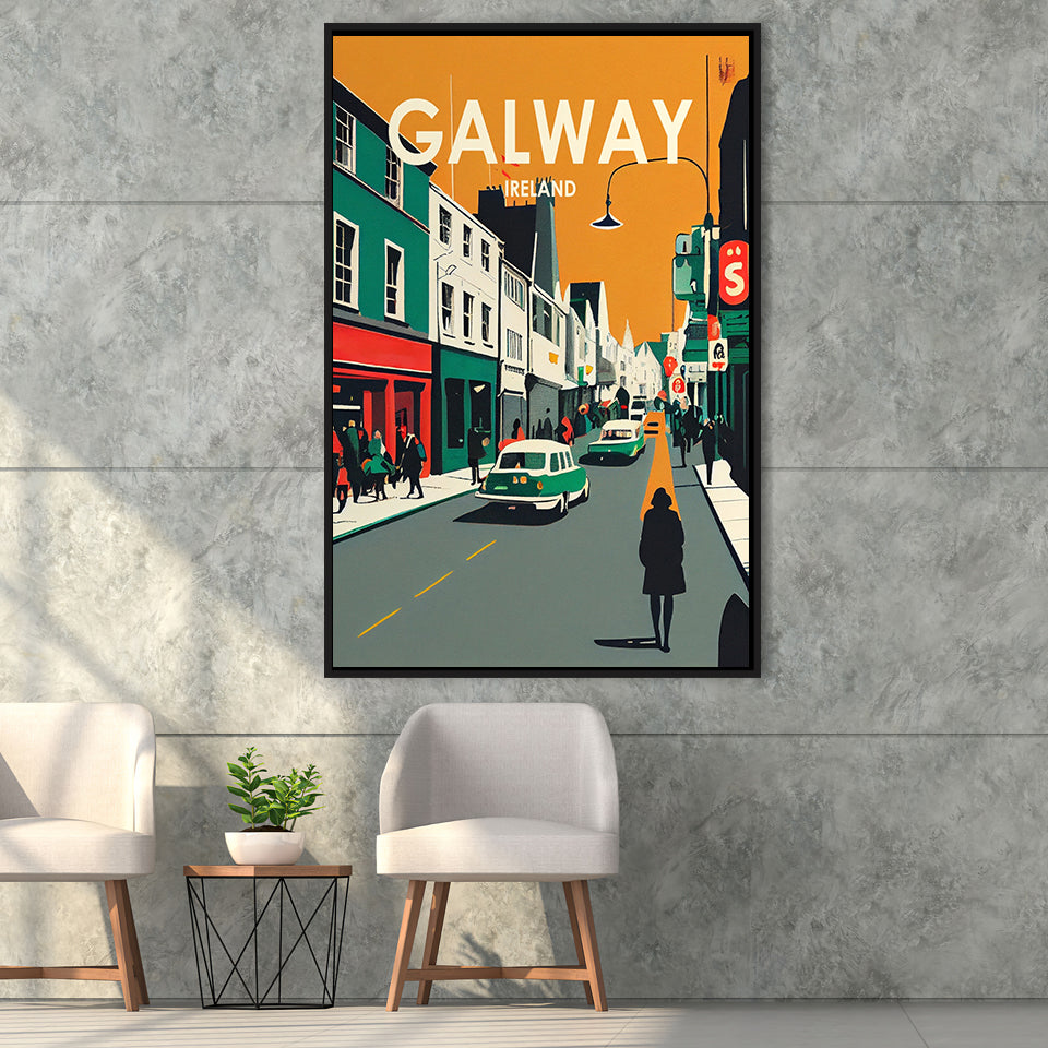 Galway Ireland Retro Art Print, Large Canvas, Framed Canvas Print Wall Art Home Decor, Floating Frame