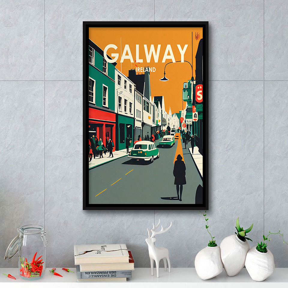 Galway Ireland Retro Art Print, Large Canvas, Framed Canvas Print Wall Art Home Decor, Floating Frame