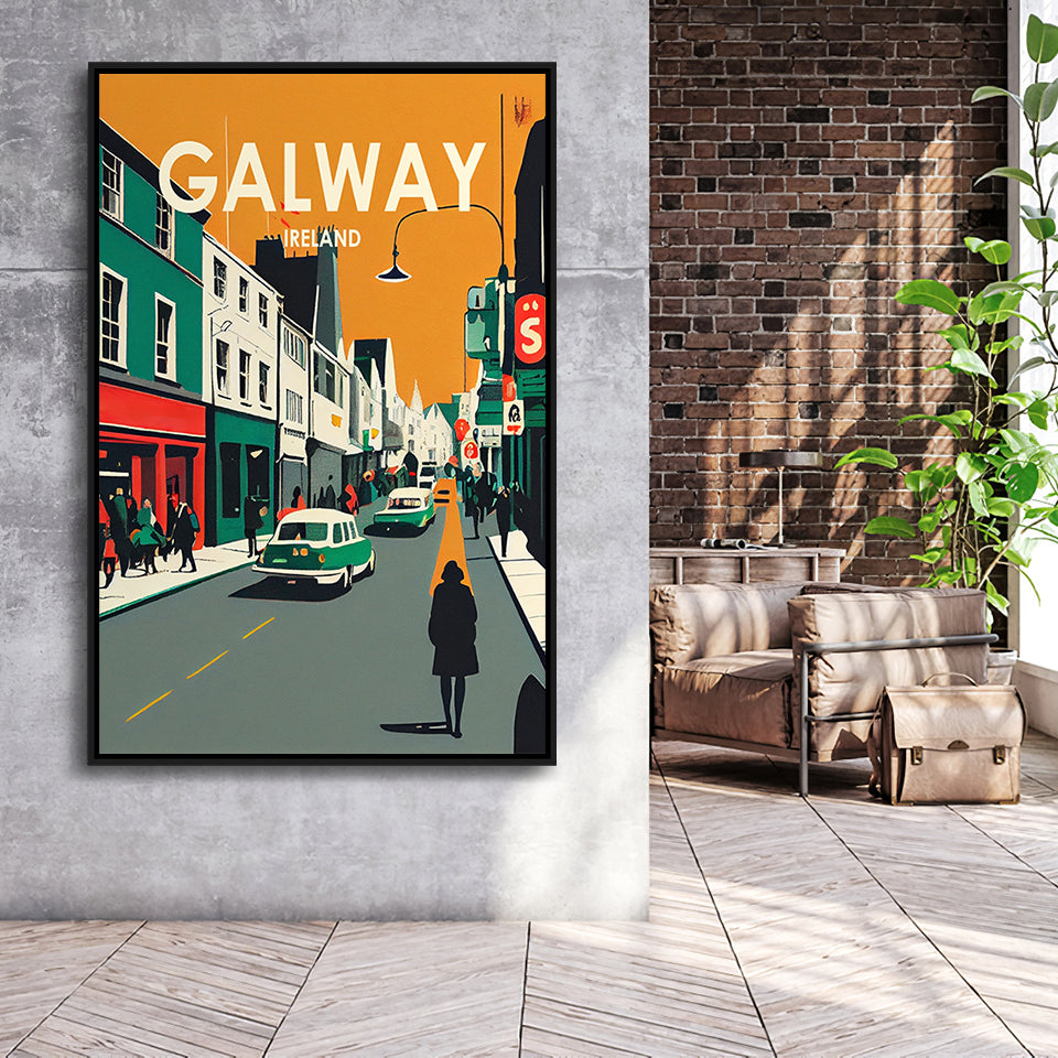 Galway Ireland Retro Art Print, Large Canvas, Framed Canvas Print Wall Art Home Decor, Floating Frame