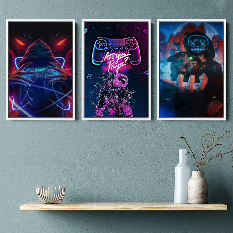 Game Handle Controller Pop Art Painting Set of 3 Piece Framed Canvas Prints Wall Art Decor