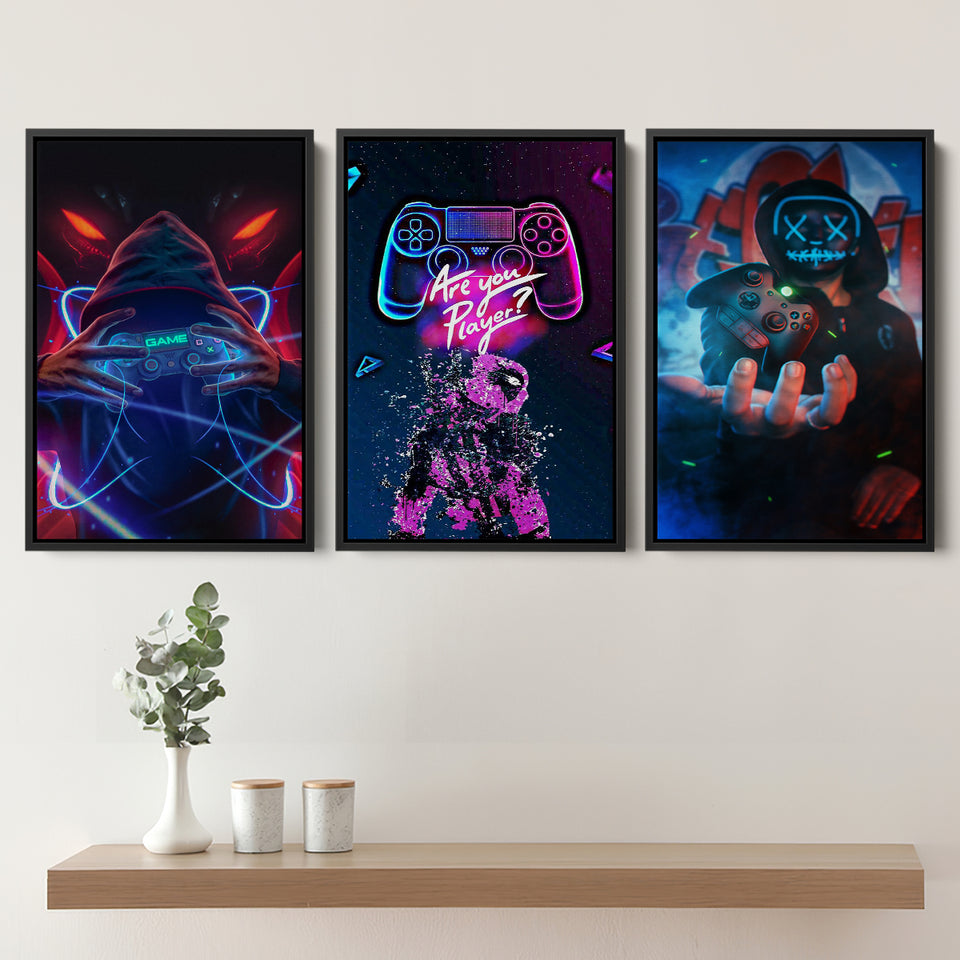 Game Handle Controller Pop Art Painting Set of 3 Piece Framed Canvas Prints Wall Art Decor