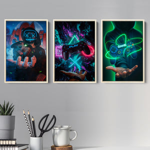 Game Handle Controller Set of 3 Piece Framed Canvas Prints Wall Art Decor