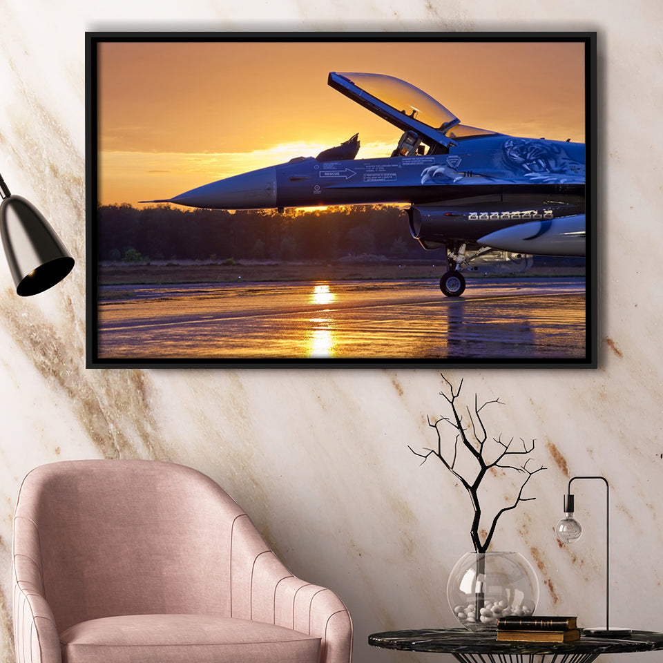 General Dynamics F 16 Fighting Falcon Craft Airplane Framed Canvas Prints Wall Art Decor - Painting Canvas, Black Framed Picture