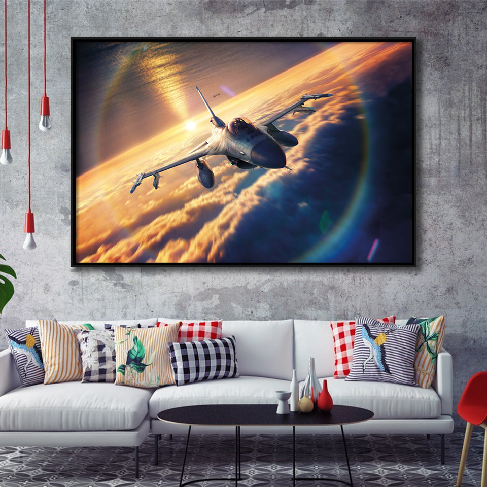 General Dynamics F 16 Fighting Falcon Fly Framed Canvas Prints Wall Art Decor - Painting Canvas, Black Framed Picture