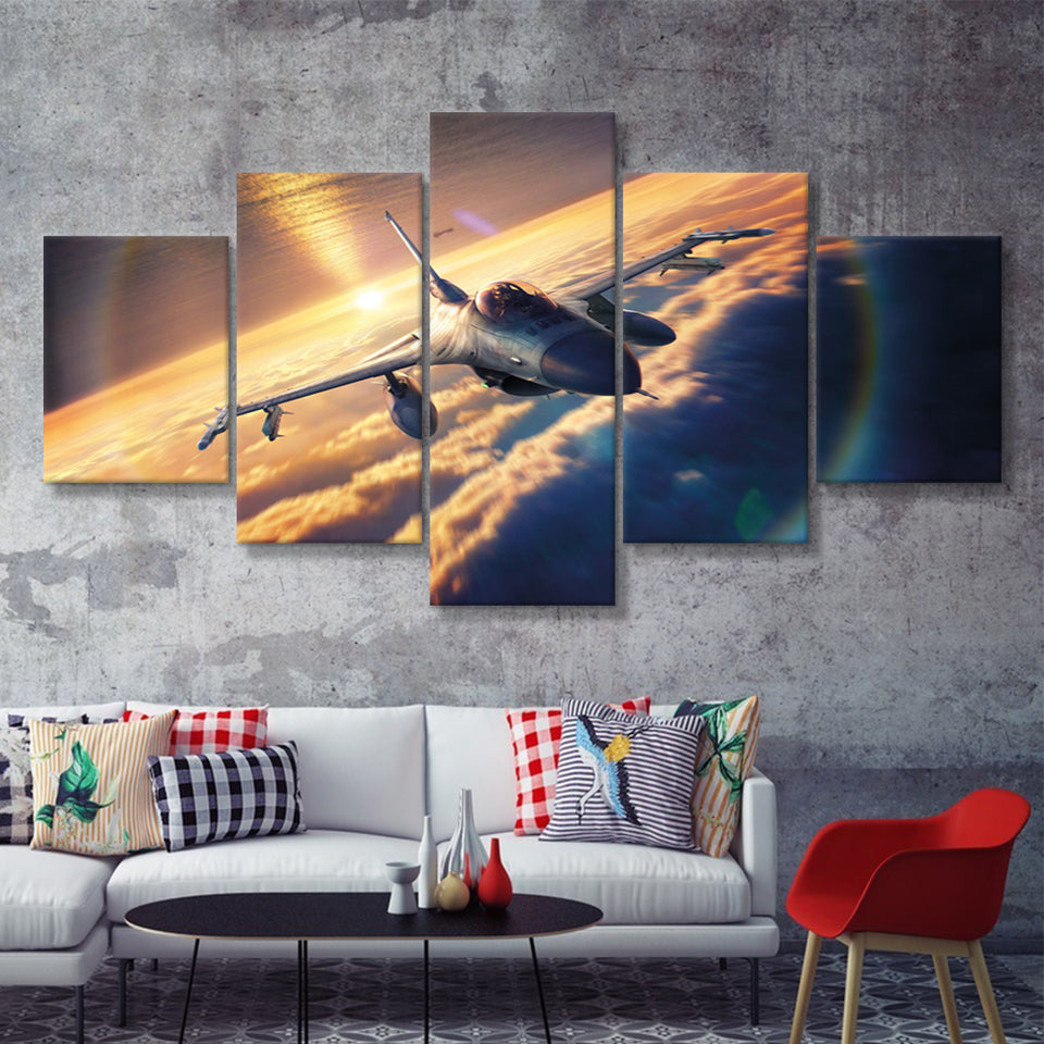 General Dynamics F 16 Fighting Falcon Fly 5 Piece Canvas Prints Wall Art Decor - Painting Canvas, Multi Panels