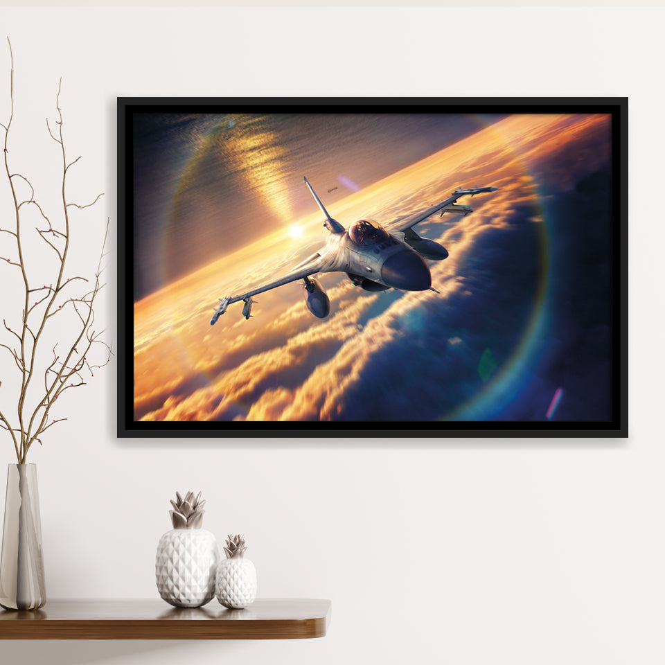 General Dynamics F 16 Fighting Falcon Fly Framed Canvas Prints Wall Art Decor - Painting Canvas, Black Framed Picture