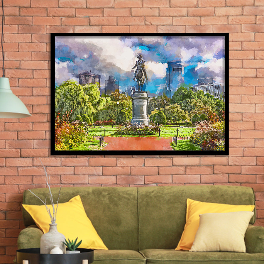 George Washington Monument Public Garden Boston City Art Watercolor Framed Art Prints Wall Art Decor,Framed Picture