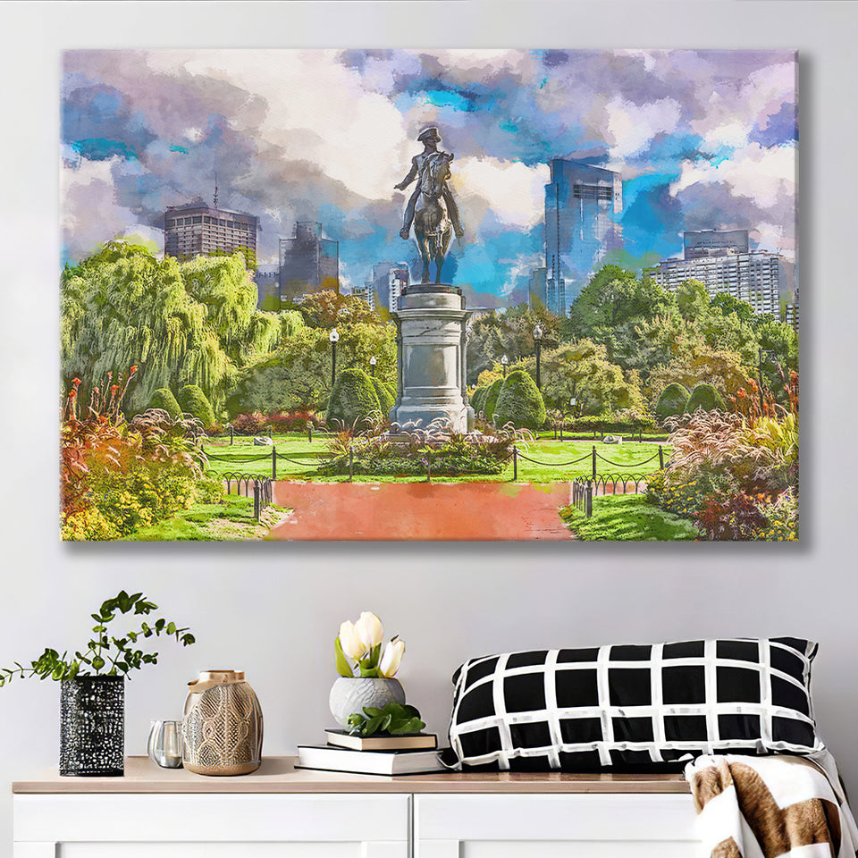 George Washington Monument Public Garden Boston City Art Watercolor Canvas Prints Wall Art Home Decor, Large Canvas