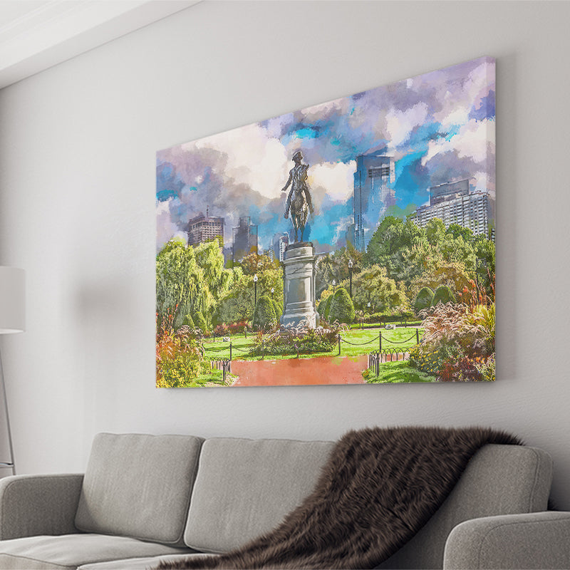 George Washington Monument Public Garden Boston City Art Watercolor Canvas Prints Wall Art Home Decor, Large Canvas