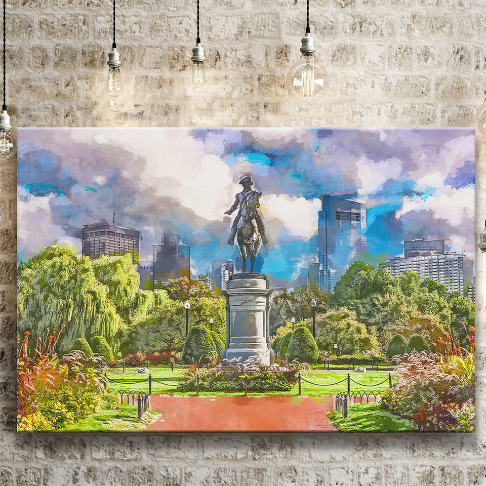 George Washington Monument Public Garden Boston City Art Watercolor Canvas Prints Wall Art Home Decor, Large Canvas