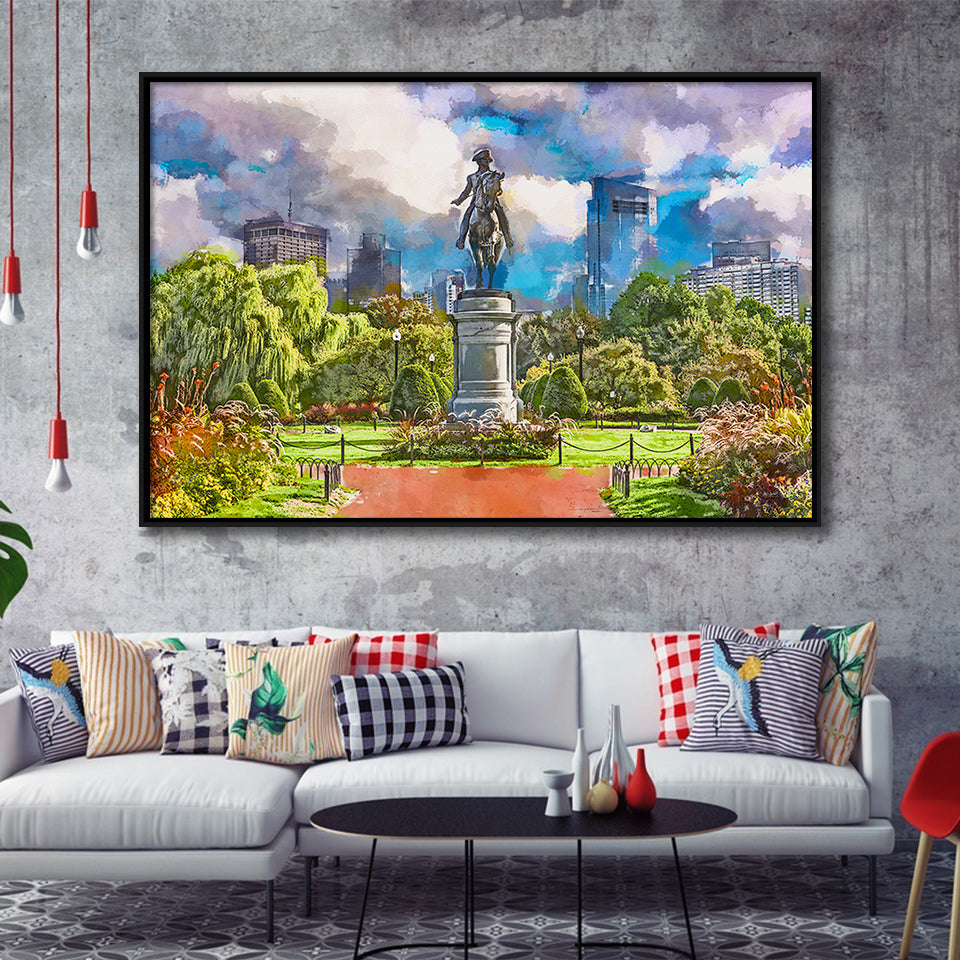 George Washington Monument Public Garden Boston City Art Watercolor Framed Canvas Prints Wall Art Home Decor,Floating Frame