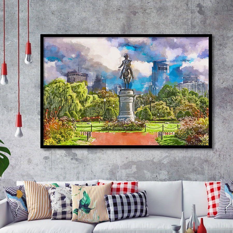 George Washington Monument Public Garden Boston City Art Watercolor Framed Art Prints Wall Art Decor,Framed Picture