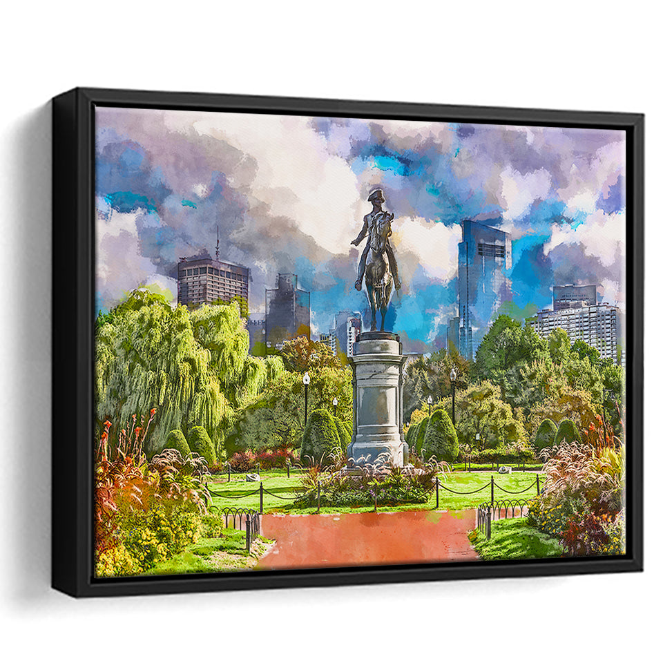 George Washington Monument Public Garden Boston City Art Watercolor Framed Canvas Prints Wall Art Home Decor,Floating Frame