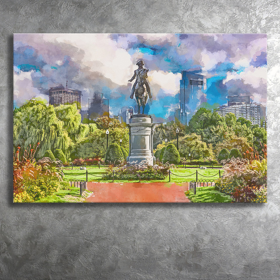 George Washington Monument Public Garden Boston City Art Watercolor Canvas Prints Wall Art Home Decor, Large Canvas