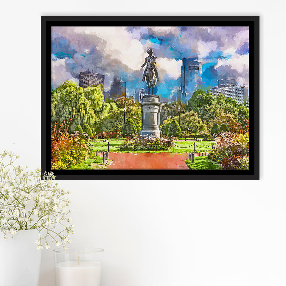 George Washington Monument Public Garden Boston City Art Watercolor Framed Canvas Prints Wall Art Home Decor,Floating Frame