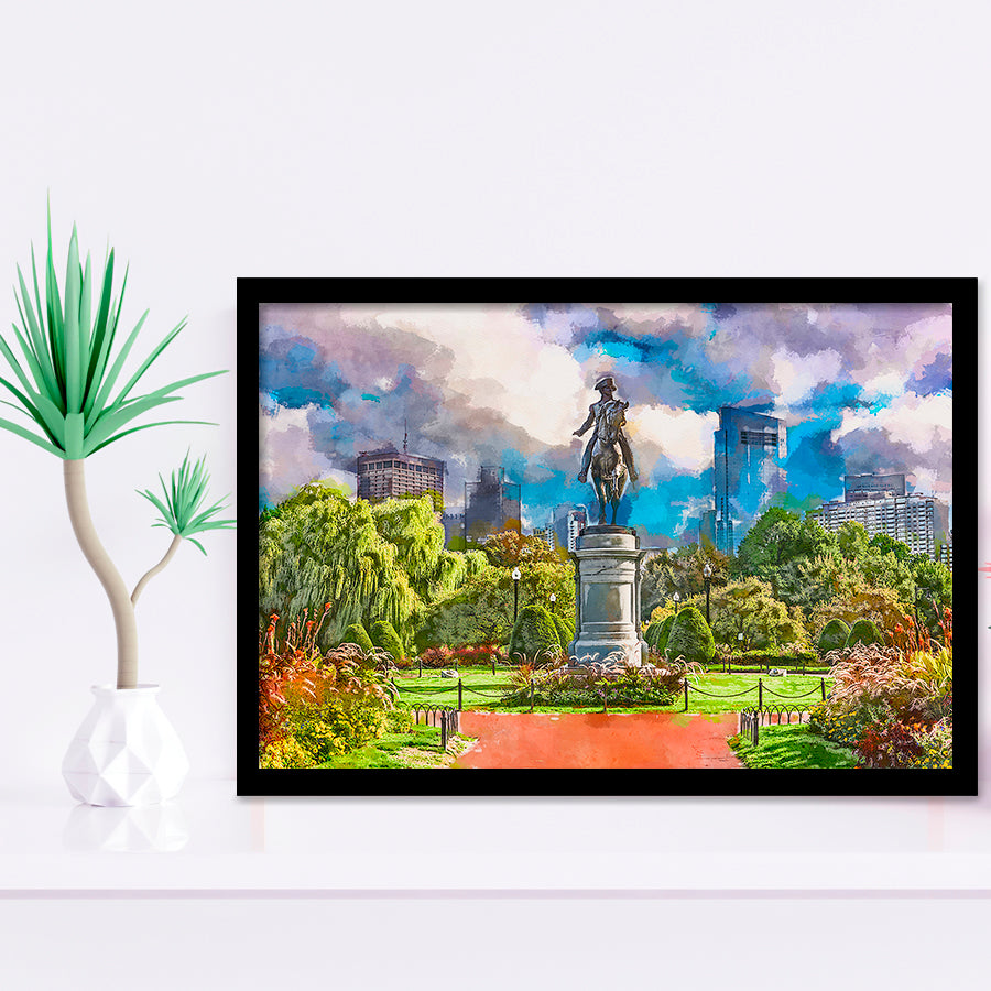 George Washington Monument Public Garden Boston City Art Watercolor Framed Art Prints Wall Art Decor,Framed Picture